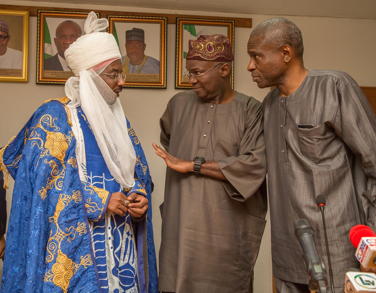 Hon Minister of Power Works  Housing Mr Babatunde FasholaSANmiddle flanked by the Permanent Secretary Power Engr Louis Edozienright and Emir of Kano Emir Muhammad Sanusi II left shortly after the signing  of the Qua Ibo Power Plants Power Purchase Agreement with NBET at the Ministry of Power Works  Housing Headquarters  Mabushi Abuja 