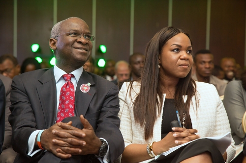 Hon Minister of Power Works  Housing Mr Babatunde Fashola SANleft and Managing Director Rural Electrification Agency Mrs Damilola Ogunbiyi right during the Opening of the Nigeria Mini Grid Roundtable at the 4th Mini Grid Action Learning Event with the theme Upscaling Mini Grids for Low  Cost  Timely Access to Electricty at the Sheraton Hotel Ladi Kwali Hall Abuja on Tuesday 5th December 2017