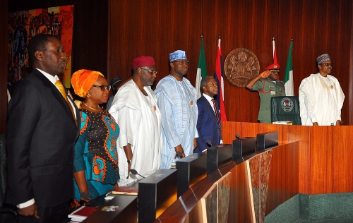 Right to LeftPresident Muhammadu Buhari GCFR Vice President Yemi Osinbajo Secretary to the Government of Federation SGF Mustapha Boss Chief of Staff to the President Mallam Abba Kyari Head of Service of the Federation Winifred OyoIta and National Security Adviser MajorGen Babagana Mongunoduring the first Federal Executive Council meeting of 2018 presided over by the President on Wednesday 10th January 2018