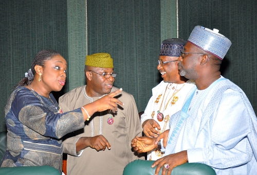 Left to Right The Minister of Finance Mrs Kemi Adeosun Minister of Mines and Solid Minerals Dr Kayode Fayemi Minister of Interior Abdulrahman Danbadau and Minister of Water Resources Suleiman Adamu during the first Federal Executive Council meeting of 2018 presided over by His Excellency President Muhammadu Buhari GCFR on Wednesday 10th January 2018