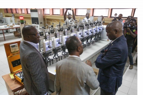 Hon Minister of Power Works  Housing Mr Babatunde FasholaSANright Managing DirectorCEO  Chief Electrical Inspector of the Federation Engr Peter Ewesormiddle and Head National Meter Test Station Engr Olusegun Adedayoleft during the Hon Ministers inspection of the NEMSA National Meter Test Station OshodiLagos on Thursday 11th January 2018