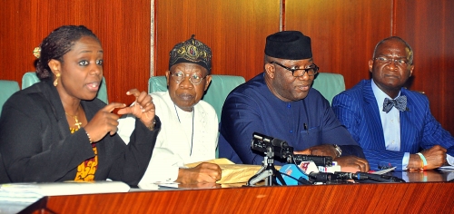 Minister of Finance Mrs Kemi Adeosun Minister of Information Culture and National Orientation Alhaji Lai Muhammed Minister of Mines and Solid Minerals Development Dr Kayode Fayemi and Minister of Power Works and Housing Mr Babatunde Raji Fashola during the Federal Executive Council briefing held at the Presidential Villa on Wednesday 31st January 2018