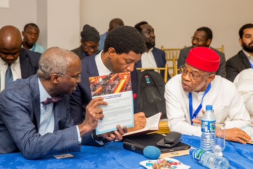 Hon Minister of Power Works  Housing Mr Babatunde FasholaSANleftCommissioner  Legal Licensing and Compliance Mr Dafe Akpeneyemiddle and President Manufacturers of Nigeria MAN Dr Frank Udemba Jacobsright during the 1st Stakeholders Workshop on Off  Taking 2000MW Unutilized Power for Eligible Customers organized by the Ministry of Power Works and Housing at the Setraco Cedar Estate Gwarimpa II Abuja on Tuesday 13th February 2018