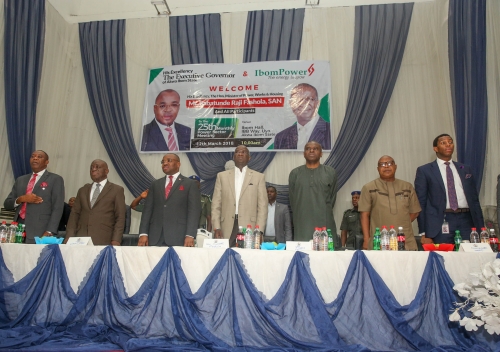 Hon Minister of PowerWorks  Housing Mr Babatunde FasholaSANmiddle andGovernor of Akwa Ibom State Mr Udom Emmanuel3rd left Permanent Secretary Power EngrLouisEdozien3rd right and others at the Opening Session of the 25thMonthly Meeting Operators in the Power Sector hosted by the Akwa Ibom State Government at the Ibom Hall IBB Way Uyo Akwa Ibom State on Monday 12th March 2018