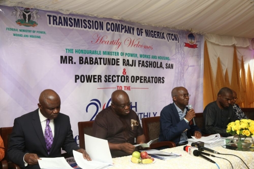 Hon Minister of Power Works  Housing Mr Babatunde FasholaSAN2nd rightGovernor of Abia State Dr Okezie Ikpeazuright and others during the 26th Meeting with Operators in the Power Sector hosted by the Transmission Company of NigeriaTCN at the Ohiya Transmission Substation Umuahia Abia State on Monday 9th April 2018