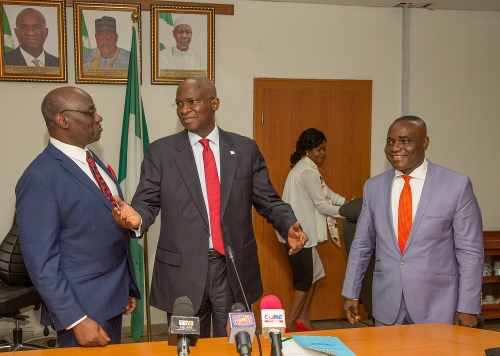 Hon Minister of Power Works  Housing Mr Babatunde Fashola SANmiddleSenior Special assistant to the President on National Assembly Matters Senator Ita Enangright andChairmanNigerian Electricity Regulatory CommissionNERC Prof James Momohleft shortly afterthe Inauguration of the Chairman of NERC at the Ministry of Power Works  HousingHeadquarters Mabushi Abuja on Thursday 3rd May 2018