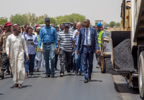 Hon Minister of Power Works  Housing Mr Babatunde Fashola SAN2nd left Director Highways Construction and Rehabilitation Engr Yemi Oguntominiyi2nd leftManaging Director Mothercat Mr Jack ElNajjar rightSpecial Adviser on Project Perfomance Monitoring Mrs Nike Giwa2nd left and others during the Hon Ministers inspection of the Rehabilitation of Hadejia Nguru Road Phase II  Kirikasama  Nguru in Jigawa Stateon Wednesday 9ththMay 2018