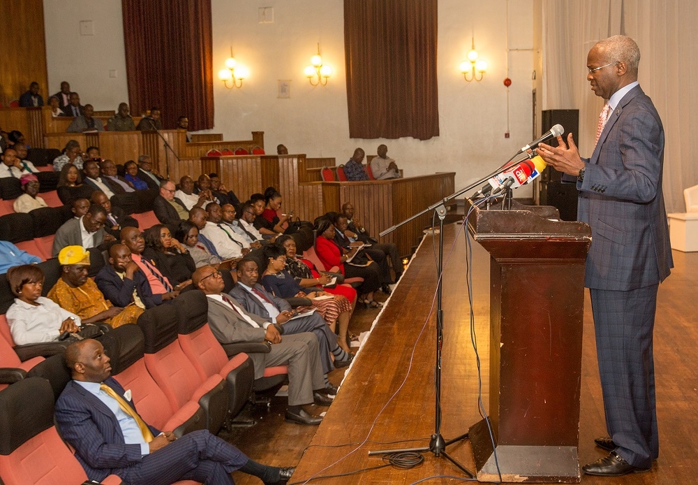 Representative of the Vice President  Hon Minister of Power Works  Housing Mr Babatunde FasholaSANright presenting the Keynote address on behalf of Vice President Prof Yemi Osinbajo SANduringtheWorld FM DayPolicy Dialogueon the theme Tackling the Poor Maintenance Culture in Nigeria hosted by Klinserve Solutions Limited at the Agip Recital Hall  Muson Centre Onikan Lagos on Tuesday 15th 2018