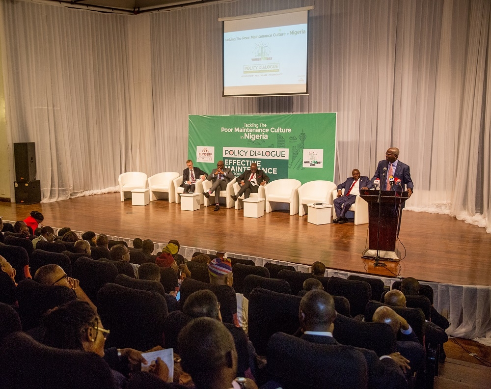 Representative of the Vice President  Hon Minister of Power Works  Housing Mr Babatunde FasholaSANright presenting his Speech on Current Practices and Overview of Maintenance of Public AssetsUtilities and InfrastructureduringtheWorld FM DayPolicy Dialogueon the theme Tackling the Poor Maintenance Culture in Nigeria hosted by Klinserve Solutions Limited at the Agip Recital Hall  Muson Centre Onikan Lagos on Tuesday 15th 2018