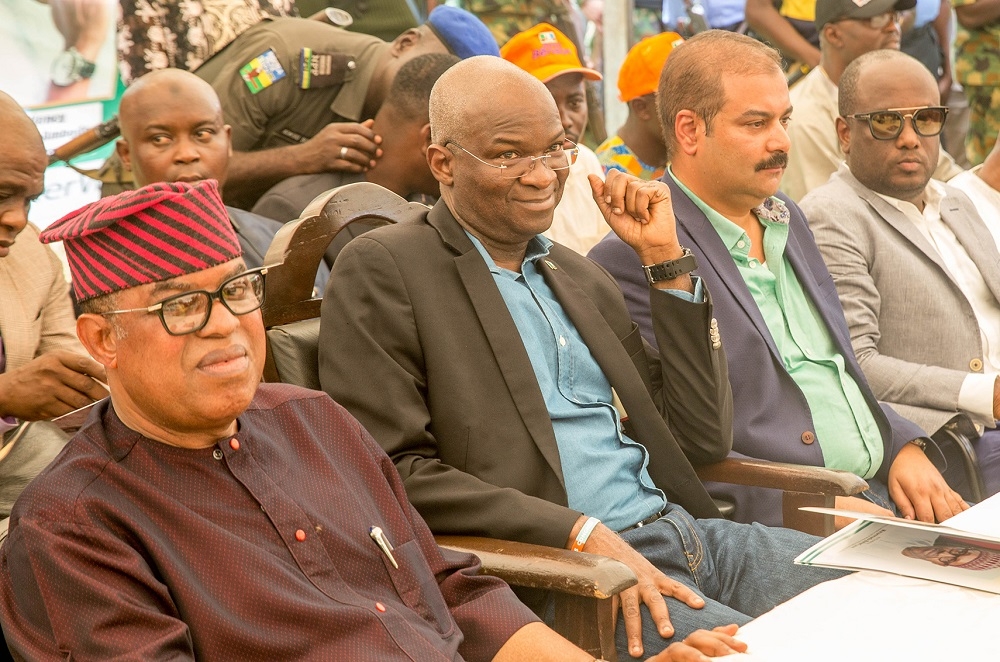 Hon Minister of Power Works  Housing Mr Babatunde FasholaSAN2nd left Senator representing Lagos East Senatorial District in the National Assembly Senator Gbenga Ashafa left House of Representatives member representing Ikorodu Constituency Hon Jimi Bensonright and representative of the Managing Director Arab Contractors Nigeria Limited Mr Wael Salem 2nd right during the flag off of the Rehabilitation of Ikorodu Shagamu Road in LagosOgun States at KM 2Ikorodu Shagamu Road on Monday 21st May 2018