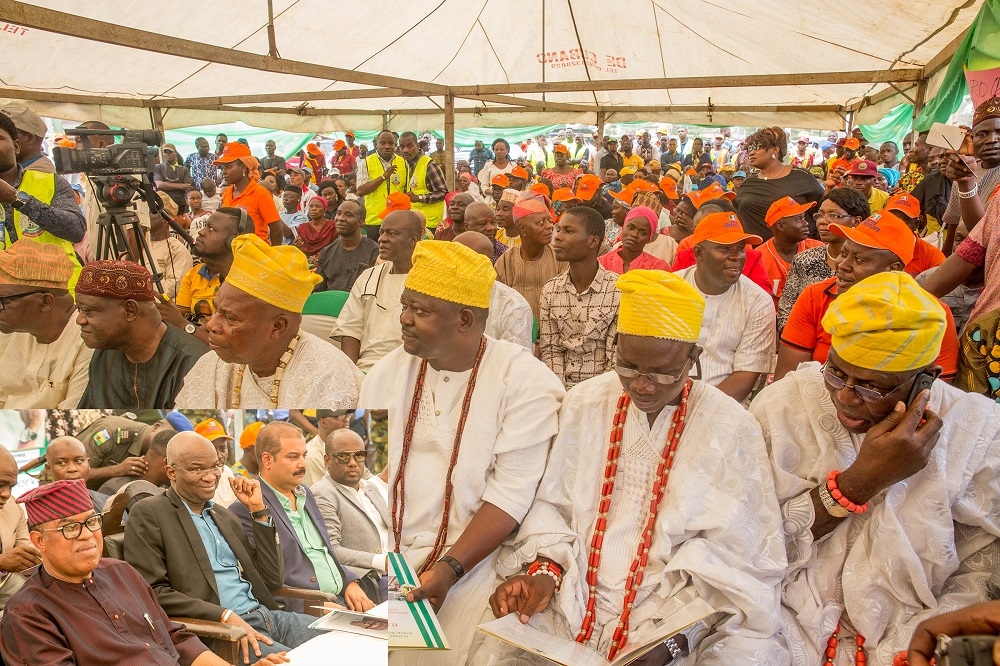 Cross section of the audience at the flag off of the Rehabilitation of Ikorodu Shagamu road in LagosOgun StatesINSETHon Minister of Power Works  Housing Mr Babatunde FasholaSAN2nd left Senator representing Lagos East Senatorial District in the National Assembly Senator Gbenga Ashafa left House of Representatives member representing Ikorodu Constituency Hon Jimi Bensonright and representative of the Managing Director Arab Contractors Nigeria Limited Mr Wael Salem 2nd right during the flag off of the Rehabilitation of Ikorodu Shagamu road in LagosOgun States at KM 2Ikorodu Shagamu Road on Monday 21st May 2018