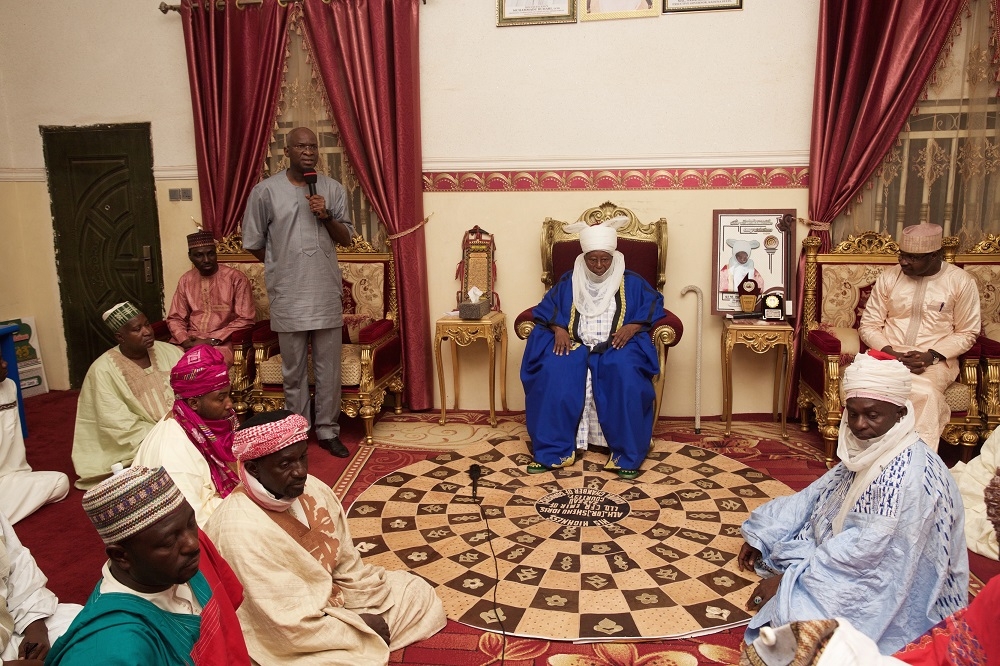 Hon Minister of Power Works  Housing Mr Babatunde FasholaSAN2nd leftManaging Director CEO Transmission Company of Nigeria Mr Usman Gur Mohammedrightthe Emir of Zazzau Alhaji Shehu Idrismiddle and others during a courtesy visit to the Palace of the Emir shortly after thethe commissioning of the 60MVA 13233KV Transformer at the Zaria Transmission Substation Zaria Kaduna State on Sunday 10th June 2018