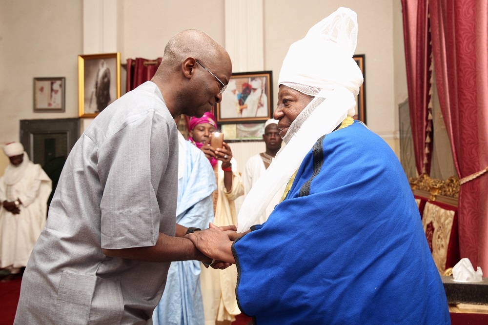 Hon Minister of Power Works  Housing Mr Babatunde FasholaSAN left and the Emir of Zazzau Alhaji Shehu Idrisright during a courtesy visit to the Palace of the Emir shortly afterthecommissioning of the 60MVA 13233KV Transformer at the Zaria Transmission Substation Zaria Kaduna State on Sunday 10th June 2018