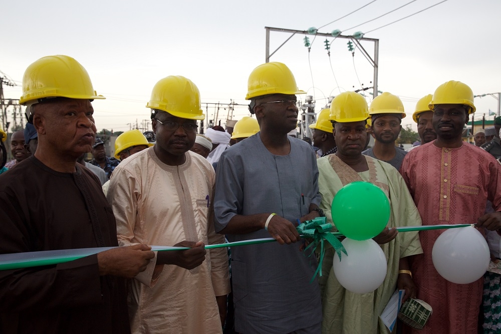 Hon Minister of Power Works  Housing Mr Babatunde FasholaSANmiddle  Managing Director CEO Transmission Company of Nigeria Mr Usman Gur Mohammed2nd leftrepresentative of the Governor of Kaduna State  Permanent Secretary of the Ministry of Rural and Community Development Mallam Mahmud Zailani2nd right Head Transmission Service Provider Engr Victor Adewunmi leftand Managing Director Kaduna Electricity Distribution Company Engr Haruna Garuba right duringthe commissioning of the 60MVA 13233KV Transformer at the Zaria Transmission Substation Zaria Kaduna State on Sunday 10th June 2018