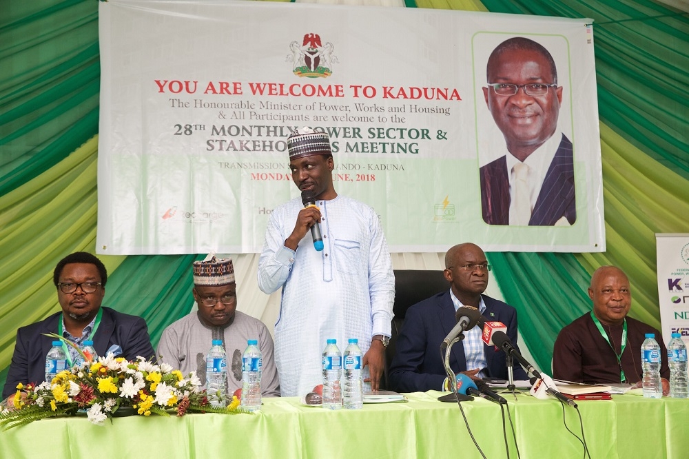 Hon Minister of Power Works  Housing Mr Babatunde FasholaSAN2nd rightManaging Director CEO Transmission Company of Nigeria Mr Usman Gur Mohammed2nd leftManaging Director Kaduna Electricity Distribution Company EngrHaruna Garubamiddle Managing Director of the Niger Delta Power Holding Company LimitedNDPHC Mr Chiedu Ugboleftand NERC Commissioner Prof Frank Okafor during the 28th Meeting with Operators in the Power Sector hosted by theKaduna Electricity Distribution company at the Transmission Station MandoKaduna shortly after thecommissioning of the 150MVA 33013233kv Transformer at the Mando Transmission Station Kaduna State on Monday 11th June 2018