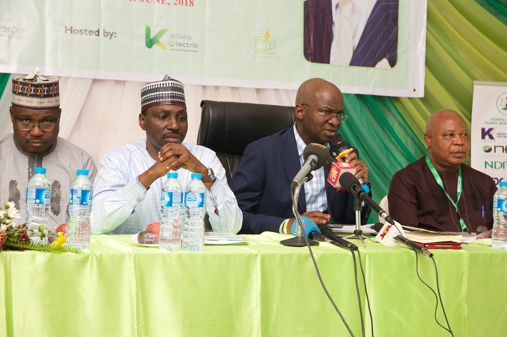 Hon Minister of Power Works  Housing Mr Babatunde FasholaSAN2nd rightManaging Director CEO Transmission Company of Nigeria Mr Usman Gur Mohammed leftManaging Director Kaduna Electricity Distribution Company EngrHaruna Garuba2nd leftand NERC Commissioner Prof Frank Okafor during the 28th Meeting with Operators in the Power Sector hosted by theKaduna Electricity Distribution Company at the Transmission Station MandoKadunaState on Monday 11th June 2018