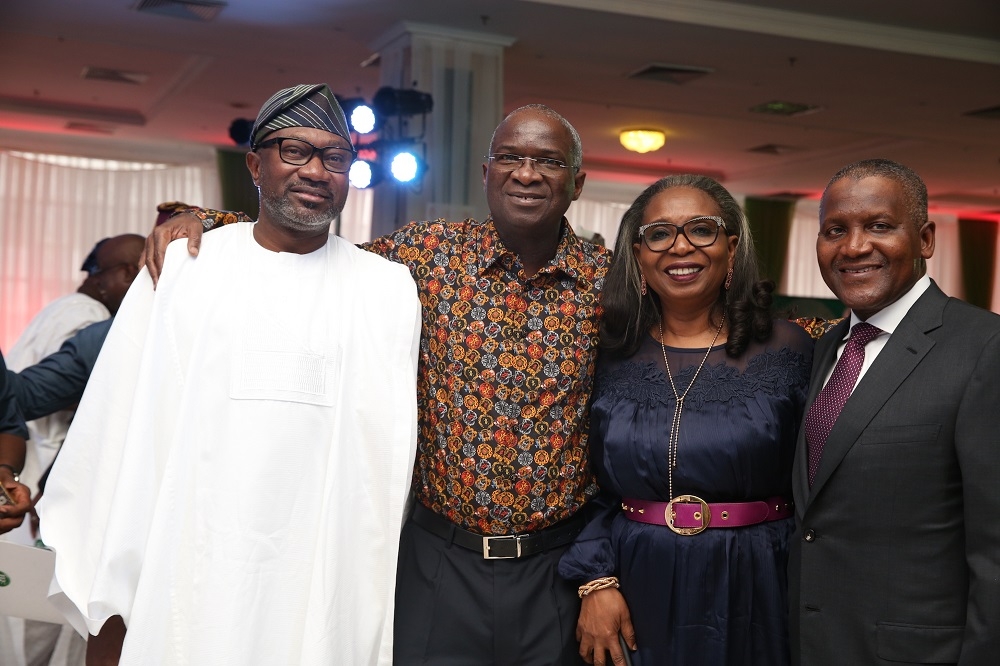 Hon Minister of Power Works  Housing Mr Babatunde Fashola SAN 2nd left Chairman Dangote Group Alhaji Aliko Dangote rightKeynote Speaker and Chairman First Bank Limited  Mrs Ibukun Awosika2nd right andChairman Forte Oil PLC Mr Femi Otedola 2ndleftduring the maiden edition of the conference of ideas tagged BRF GABFEST 2018 with the theme The Youth in Nigeria Mapping the Future to mark the 55th Birthday of the Hon Minister at the City Hall Lagos onThursday 28th June 2018