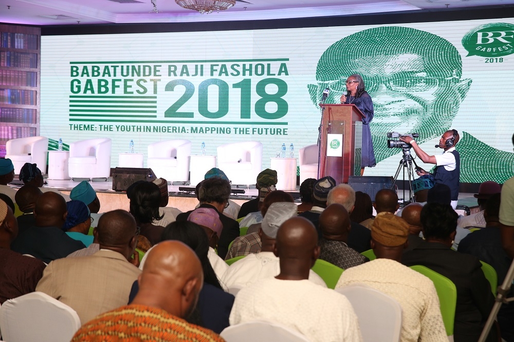 Keynote Speaker and Chairman First Bank Limited  Mrs Ibukun Awosika delivering her addressduring the maiden edition of the conference of ideas tagged BRF GABFEST 2018 with the theme The Youth in Nigeria Mapping the Future to mark the 55th Birthday of theHon Minister of Power Works  Housing Mr Babatunde Fashola SANat the City Hall Lagos onThursday 28th June 2018