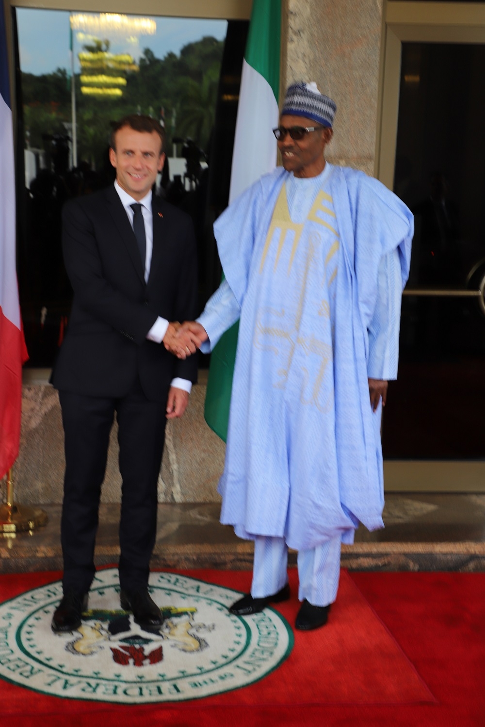 Left to Right President Emmanuel Macron of France with President Muhammadu Buhari during Macrons arrival at the State House Abuja on Tuesday 3rd July 2018