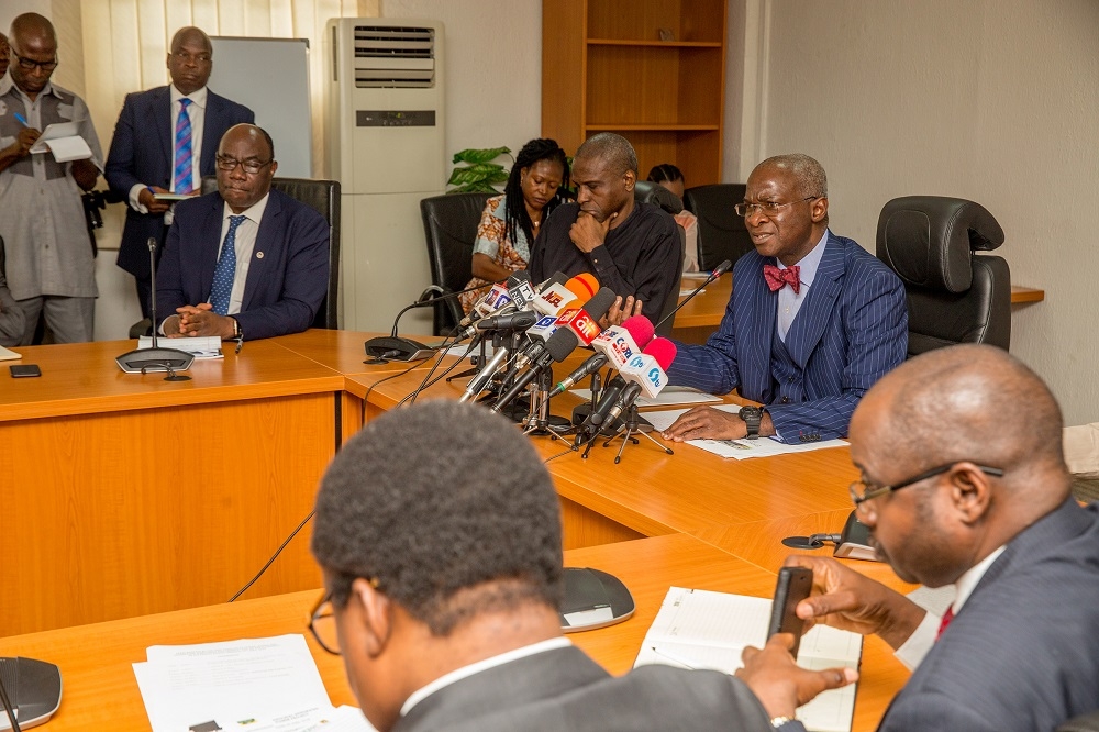 Hon Minister of Power Works  Housing Mr Babatunde FasholaSAN middlePermanent Secretary Power Engr Louis Edozien2nd left Chairman Nigerian Electricity Regulatory CommissionNERC Prof James Momohleft and Managing DirectorCEO Transmission Company of NigeriaTCN Mr Usman Gur Mohammedduring the HonMinisters Press Briefing onthe State of Play in the Power Sector Next Stepsand Policy Directions at the Ministry of PowerWorks  Housing Headquarters Mabushi Abuja on Monday 9th July 2018