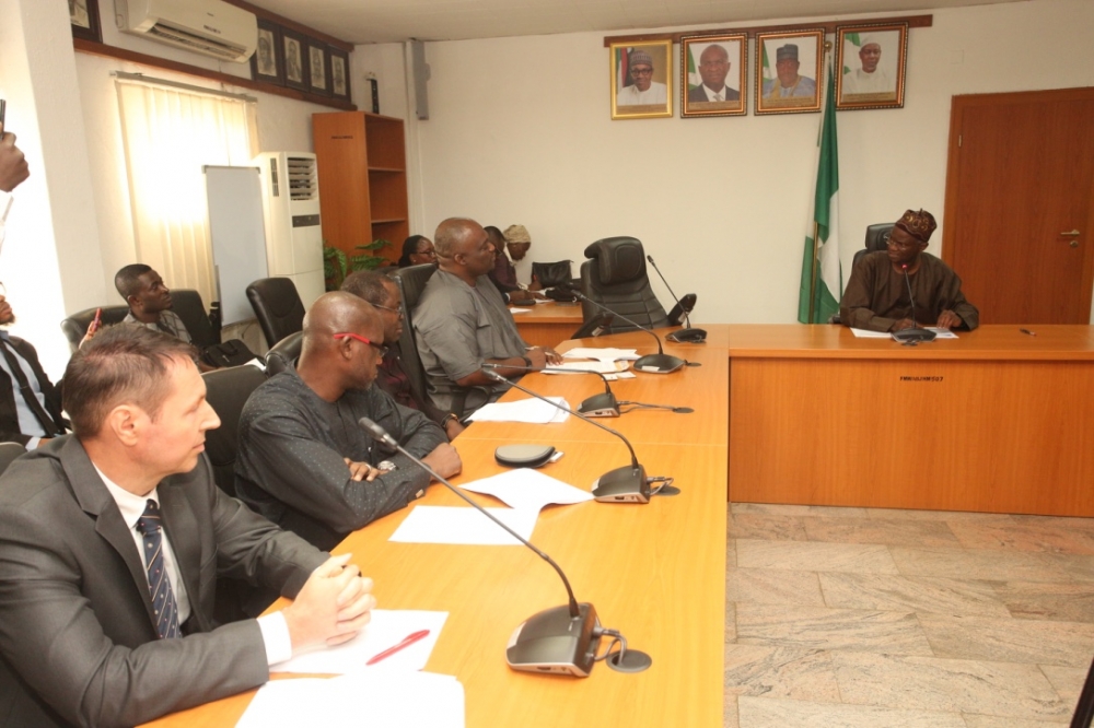 Hon Minister of Power Works  Housing Mr Babatunde FasholaSANright Chairman Electrical  Electronics Sectoral Group Mr George Onafowokan4th left Managing Director Kabelmetal Nigeria Mr Robert Kretschmerleft and others during the courtesy visit to the Hon Minister at the Ministry of PowerWorks  Housing Headquarters Mabushion Monday 6th August 2018