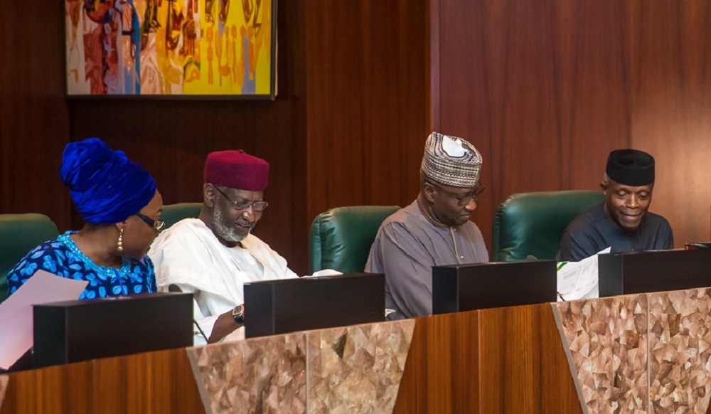 Right to Left Acting President Yemi Osinbajo Secretary to the Government of the FederationMr Boss MustapherChief of Staff to the President Mallam Abba Kyari and theHead of Service of the Federation Mrs Winifred OyoItaduring the Federal Executive Council FEC meeting presided over by Acting President Yemi Osinbajoat the Aso Chambers State House Abuja on Wednesday 8th August 2018