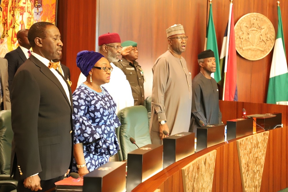 Left to Right National Security Adviser Maj Gen Babagana Monguno rtd left Head of Service of the Federation Mrs Winifred OyoIta Chief of Staff to the President Mallam Abba Kyari Secretary to the Government of the Federation Mr Boss Mustapher and Acting President Yemi Osinbajoduring the Federal Executive Council FEC meeting presided over by the Acting Presidentat the Aso Chambers State House Abuja on Wednesday 8th August 2018