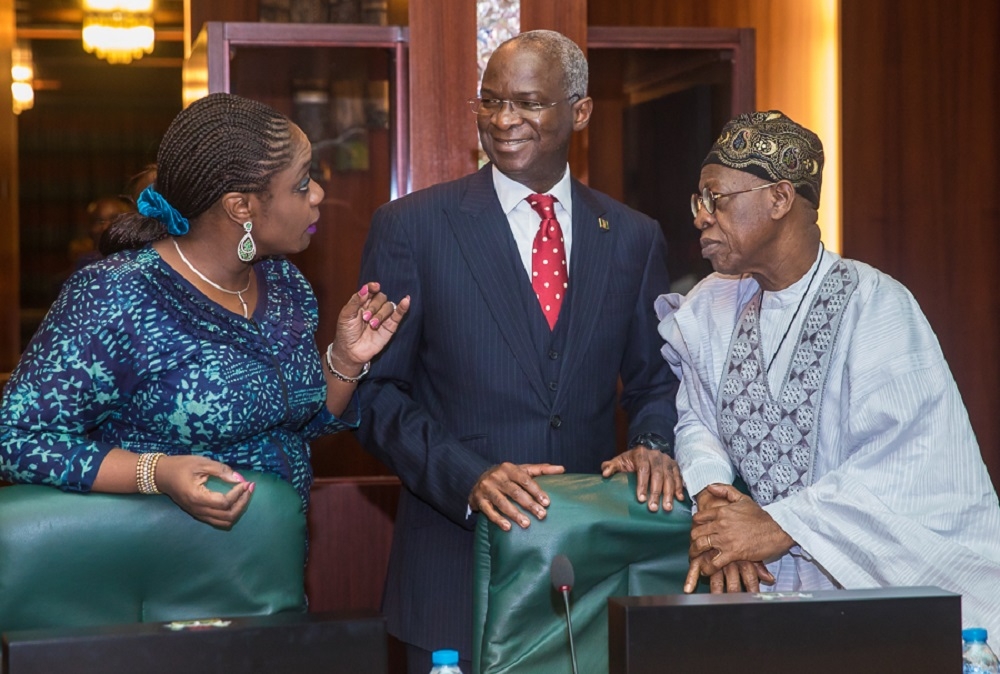 Left to Right Minister of Finance Mrs Kemi Adeosun Minister of Power Works and Housing Mr Babatunde Raji Fashola and the Minister of Information and CultureAlhaji Lai Mohammed during the Federal Executive Council FEC meeting presided over by Acting President Yemi Osinbajoat the Aso Chambers State House Abuja on Wednesday 8th August 2018