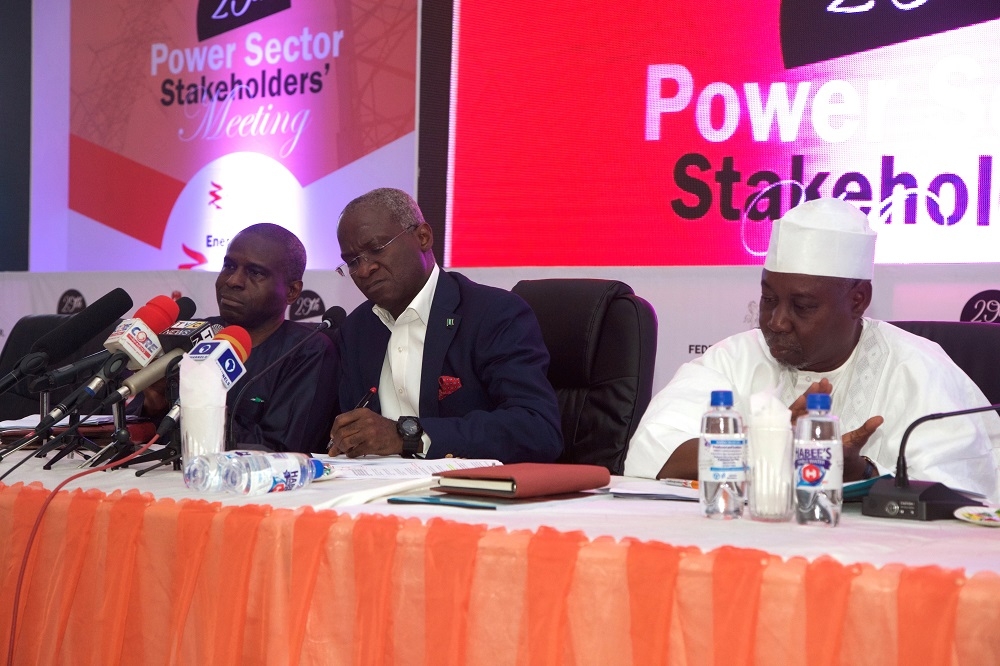 Hon Minister of Power Works  Housing Mr Babatunde FasholaSAN middleMinister of State Surv Suleiman Zarma Hassanright and Permanent Secretary Power Engr Louis Edozien left during the  29th Monthly Power Sector Operators Meeting hosted by Mainstream Energy Solutions Limited operators of Kainji and Jebba Hydro Power Plants on Monday13th August 2018 at the Justice Legbo Kutigi Hall Minna Niger State