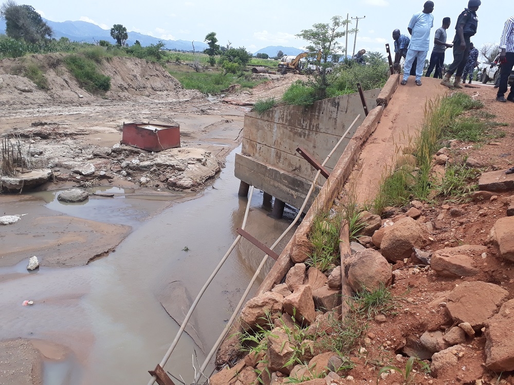 Inspection of damaged WuroGandi Bridge Section CH 54900 Michika  Madagali Road Adamawa State by Senator Binta Masi Garba representing Adamawa North Senatorial Zone Engr Yemi Oguntominiyi Director Highway Construction and Rehabilitation Dr Famous Eseduwo Director Planning Research and Statistics Engr MR Muhammad Director HNE Engr Salihu A O Federal Controller Adamawa State and other staff of the Federal Ministry of Power Works and Housing on the 26th of August 2018