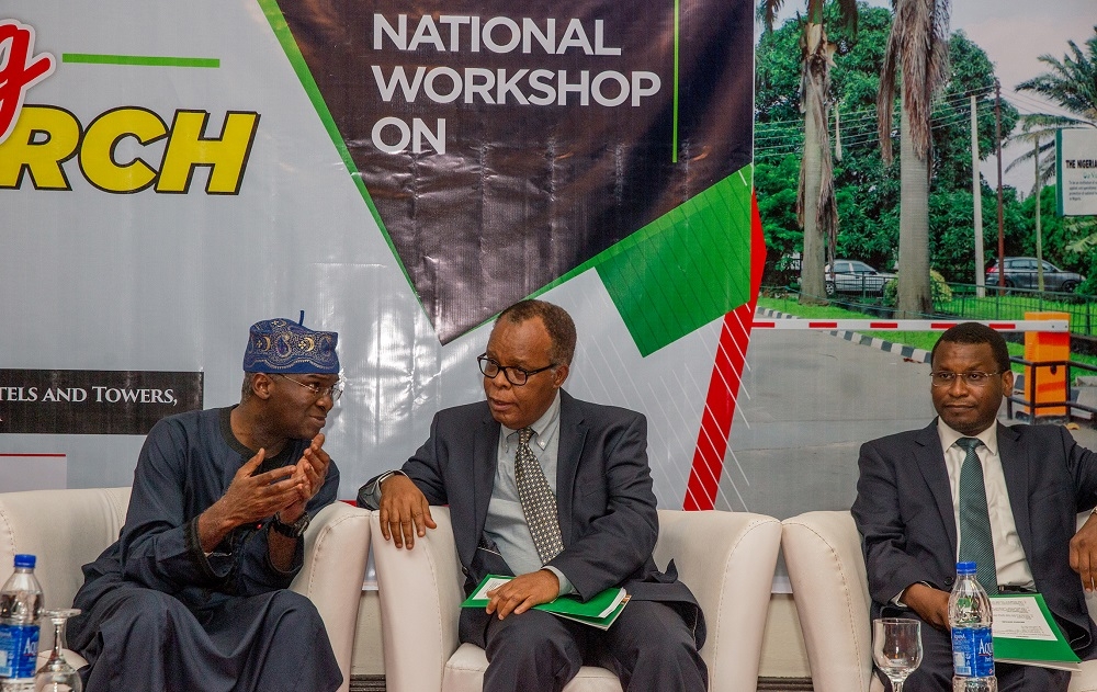 Hon Minister of Power Works  Housing and Chairman NIMR Research FoundationMr Babatunde FasholaSANleftChairman NIMR Scienitic Advisory Board Prof Oye Gureje middle andDirector Institute for Global Health University College London Prof Ibrahim Abubakarright during theNational Workshop on Strengthening Health Research Capacity organized by the Nigerian Institute of Medical Research NIMR at the Sheraton Hotels  Towers Abuja on Friday 7thSeptember 2018