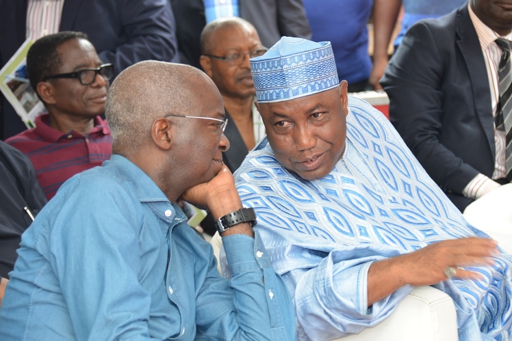 The Honourable Minister of Power Works and Housing His Excellency Babatunde Raji Fasola The Executive Governor of Lagos State His Excellency Mr Akinwunmi Ambode Senate Committee Chairman on Works Senator Kabiru Gaya Senator Oluremi Tinibu Chairman Dangote Group Alhaji Aliko Dangote MD Nigeria Port Authority NPA with management staff of the Ministry at the FlagOff Ceremony of The Reconstruction of Apapa  Oshodi  Oworonshoki  Ojota Expressway in Lagos State on the 17th of November 2018 Contract No 6488