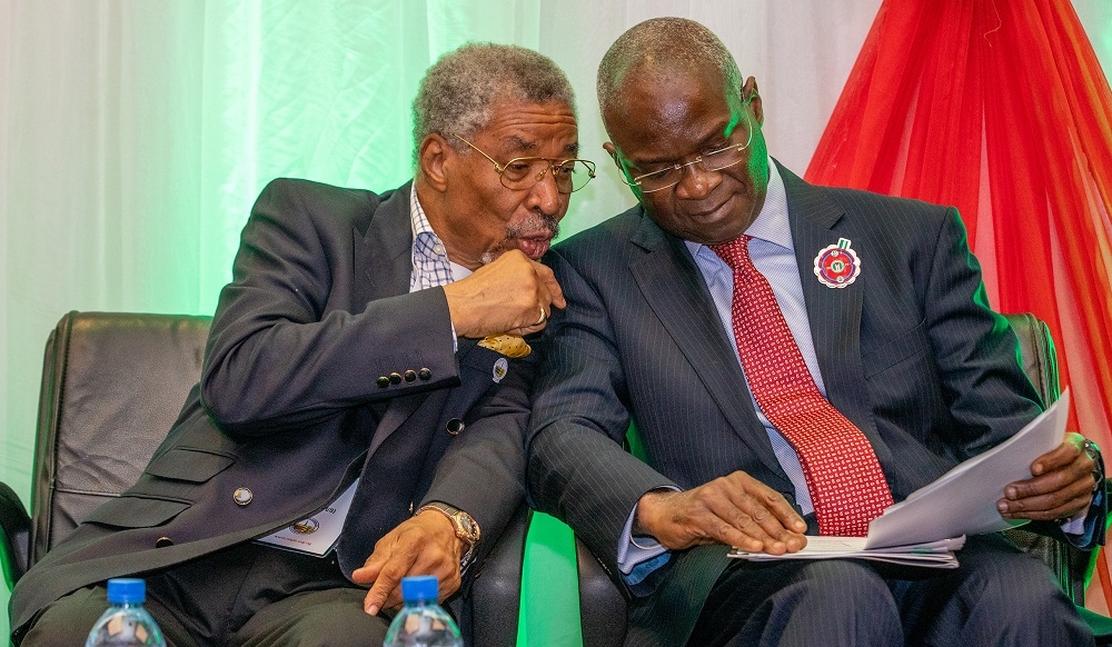 Hon Minister of Power Works  Housing and Keynote Speaker  Mr Babatunde Fashola SANmiddle  flanked by the Managing Director Versa Technology Nigeria Limited and Chairman of the occasion Mr James Orifeleft during the National Association of Petroleum Explorationists NAPE Pre Conference Workshop on the theme  Securing the Nigerian Economy with a Diversified Energy Mix at the Eko Hotel and Suites  Victoria Islands Lagos on Monday 19th November 2018