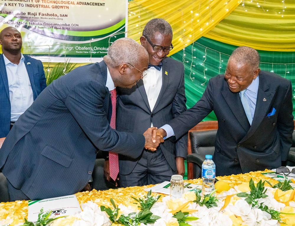 Hon Minister of Power Works  Housing Mr Babatunde Fashola SANleft former Chief judge of Lagos State Hon Justice Ishola Olorunnimberight and Rector  Yaba College of Technology Engr Obafemi Omokungbemiddle during the 32nd Convocation Lecture of the Yaba College of Technology Lagos  delivered by the Hon Minister on the theme Sustainability of Technological Advancement  A Key to Industrial Growth   on Monday 19th November 2018