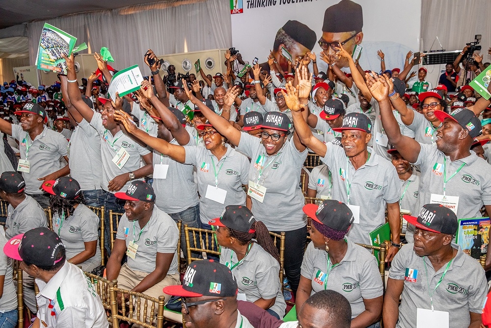 ALL FOR PMB 2019 Cross section ofthe 5000 Foot Soldiers drawn from the 377 Wards in Lagos State to complement the activities of the All Progressives Congress for the reelection of President Muhammadu Buhari and Vice President Prof Yemi Osinbajo SAN during their inauguration at The Haven Event Centre Ikeja Lagos on Tuesday 20th November 2018