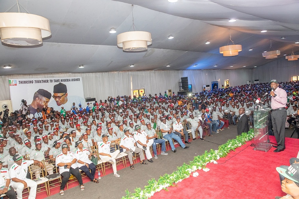 ALL FOR PMB 2019Hon Minister of Power Works  Housing Mr Babatunde Fashola SAN right addressing the 5000 Foot Soldiers drawn from the 377 Wards in Lagos State to complement the activities of the All Progressives Congress for the reelection of President Muhammadu Buhari and Vice President Prof Yemi Osinbajo SAN shortly before their inauguration at The Haven Event Centre Ikeja Lagos on Tuesday 20th November 2018