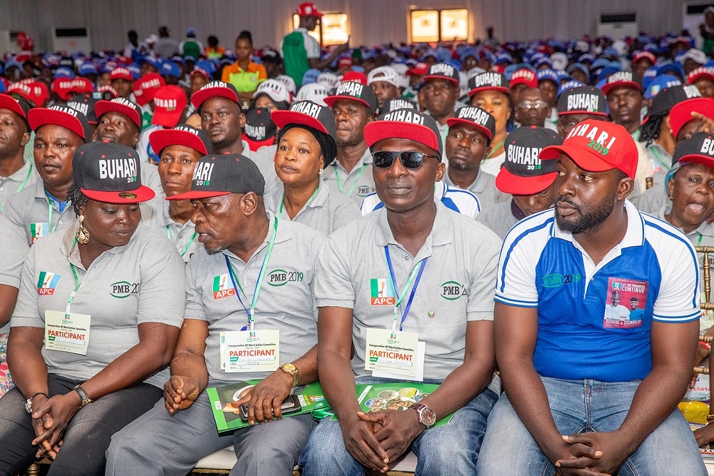 ALL FOR PMB 2019 Cross section ofthe 5000 Foot Soldiers drawn from the 377 Wards in Lagos State to complement the activities of the All Progressives Congress for the reelection of President Muhammadu Buhari and Vice President Prof Yemi Osinbajo SAN during their inauguration at The Haven Event Centre Ikeja Lagos on Tuesday 20th November 2018