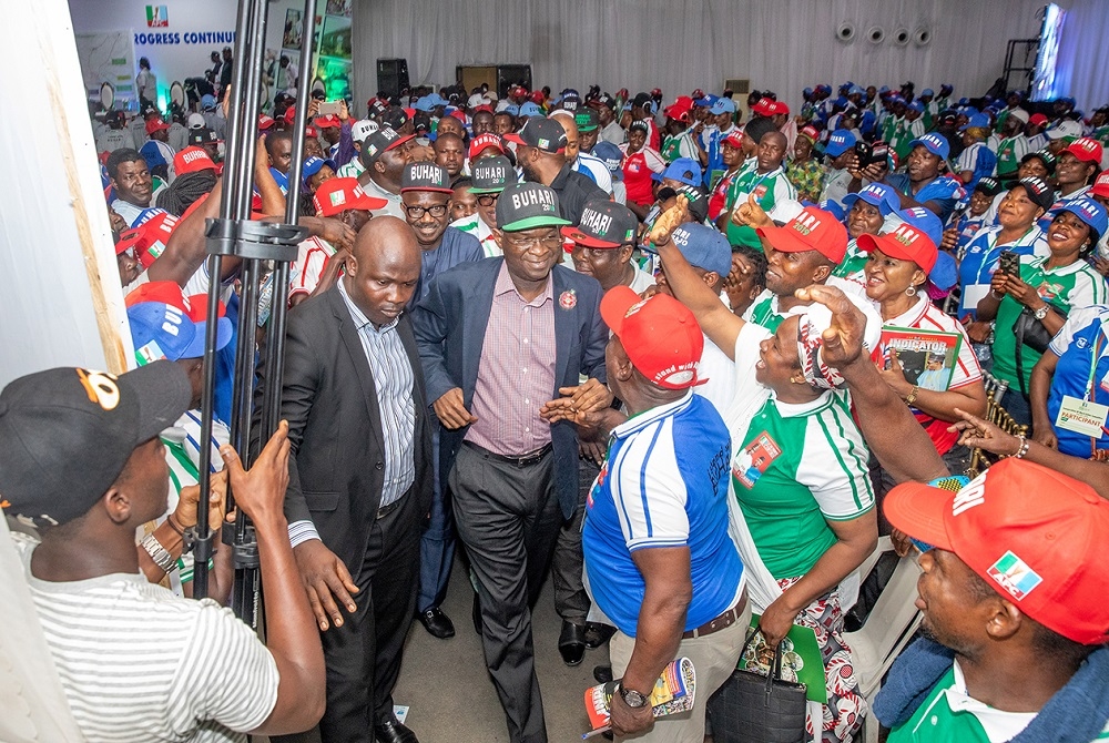 ALL FOR PMB 2019 Hon Minister of Power Works  Housing Mr Babatunde Fashola SANmiddle shortly after the inauguration ofthe 5000 Foot Soldiers drawn from the 377 Wards in Lagos State to complement the activities of the All Progressives Congress for the reelection of President Muhammadu Buhari and Vice President Prof Yemi Osinbajo SAN at The Haven Event Centre Ikeja Lagos on Tuesday 20th November 2018