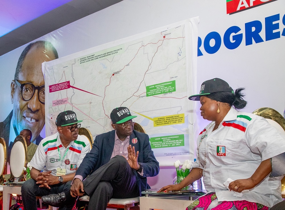 Hon Minister of Power Works  Housing Mr Babatunde Fashola SANmiddleSenator representing Lagos East District Senator Gbenga Ashafaleft andSenior Special Assistant on SustainableDevelopment Goals to the President  former Deputy Governor of Lagos State Mrs Adejoke Orelope Adefulireright during theinauguration ofthe 5000 Foot Soldiers drawn from the 377 Wards in Lagos State to complement the activities of the All Progressives Congress for the reelection of President Muhammadu Buhari and Vice President Prof Yemi Osinbajo SAN at The Haven Event Centre Ikeja Lagos on Tuesday 20th November 2018