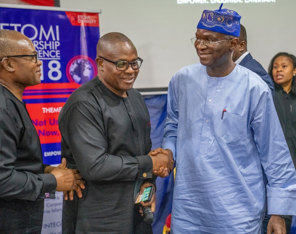 Hon  Minister of Power  Works   Housing and Keynote Speaker  Mr Babatunde Fashola  SAN  right    Principal Partner GEPLAW  Mr George Etomi midle  shortly after the Etomi Leadership Conference 2018 with the theme   If Not Us  Who  If Not Now  When     at the Grand Junction Room  Landmark Towers  Water Corporation Rd  Victoria Island  Lagos on Friday 28th  December 2018