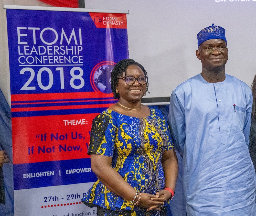 Hon  Minister of Power  Works   Housing and Keynote Speaker  Mr Babatunde Fashola  SAN   left  and Chairman  Conference Organizing Committee  Mrs Folake Etomi right  shortly after a Session of the Etomi Leadership Conference 2018 with the theme   If Not Us  Who  If Not Now  When     at the Grand Junction Room  Landmark Towers  Water Corporation Rd  Victoria Island  Lagos on Friday 28th  December 2018