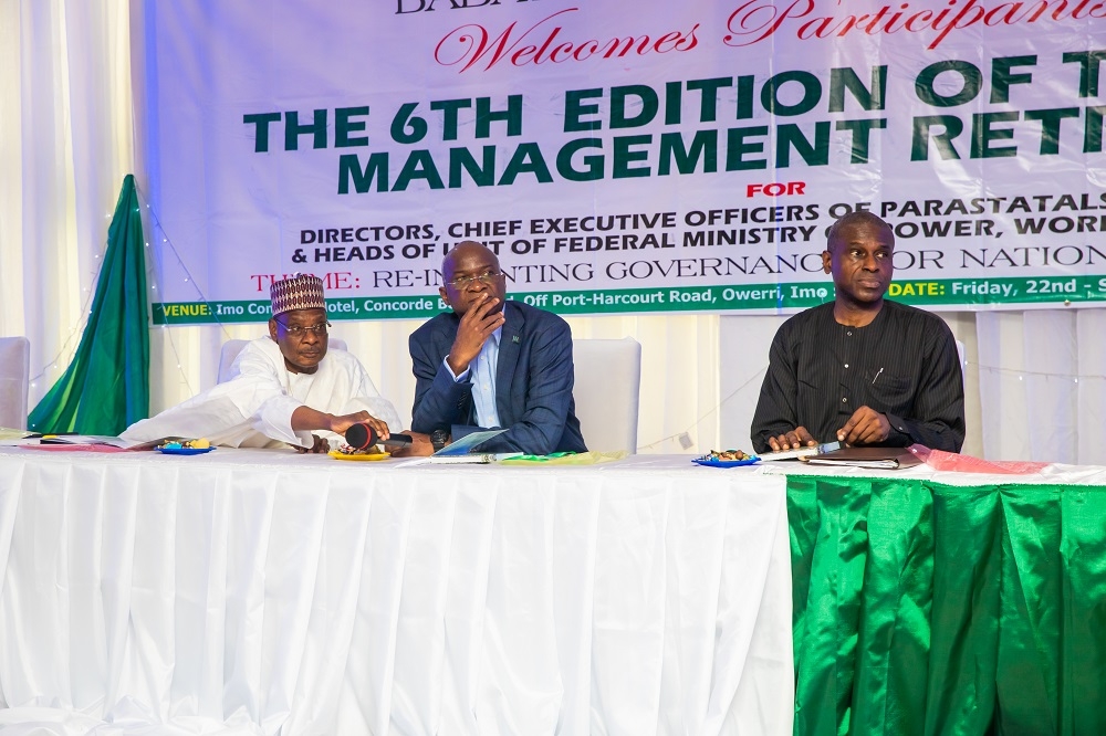 Hon  Minister of Power  Works   Housing  Mr Babatunde Fashola  SAN  middle    Permanent  Secretaries  in the Ministry  Mr Bukar Mohammed  Works and Housing  left and Engr  Louis Edozien  Power  right   during the 6th Edition of the Top Management Retreat for   Directors  Chief Executive Officers of Parastatals  Agencies and Heads of Unit of the Federal Ministry of Power  Works and Housing with the theme   Re Inventing Governance for National Prosperity  at the Imo Concorde Hotel  Concorde Boulevard Off Port Harcourt Road  Owerri  Imo State on  Saturday  23rd March 2019