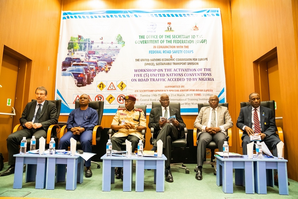 Hon  Minister of Power  Works   Housing  Mr Babatunde Fashola  SAN 3rd right   Corps Marshal of the Federal Road Safety Commission  FRSC  Dr Boboye Oyeyemi   3rd left    representative of the Secretary to the Government of the Federation   Permanent Secretary in the SGF s Office Mr Olusegun Adekunle  2nd right    representative of the FCT Minister   Permanent Secretary in the FCTA Mr Ohaa Chinyeaka Chistian  2nd left  Chairman  Board of the FRSC  Mallam Bukhari Bello  right  and Chief of Vehicle Regulations and Transport Innovation UNECE  Mr Walter Nissler  left   during the  Workshop on the Activation of the Five  5  United Nations Conventions on Road Traffic Acceded to by Nigeria at the Central Bank of Nigeria International  Training  Institute  02 Lasele Street  Off Shehu Shagari Way  Maitama  Abuja on Tuesday 21st March 2019