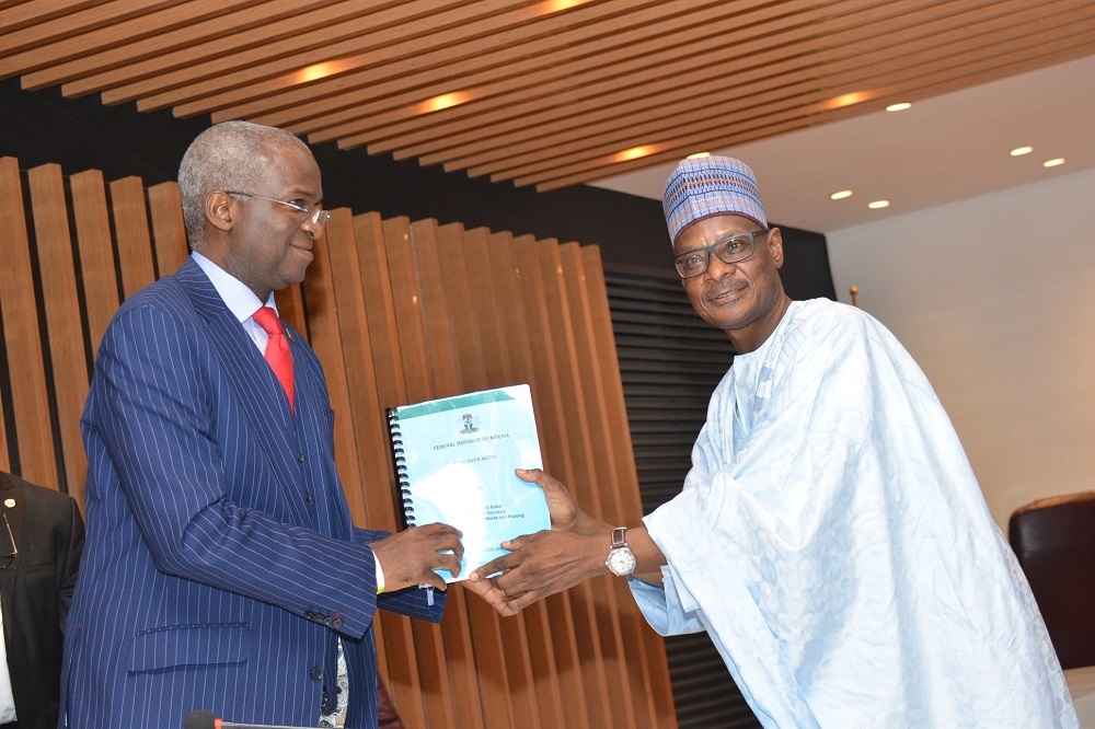 The Honourable Minister of Works and Housing  Hon Babatunde Fashola  SAN  and the Minister of State  Abubakar D  Aliyu resumes office at the Ministry s Headquarter  Mabushi Abuja with the Permanent Secretary and staff of the Ministry in attendance on the 21st of August  2019