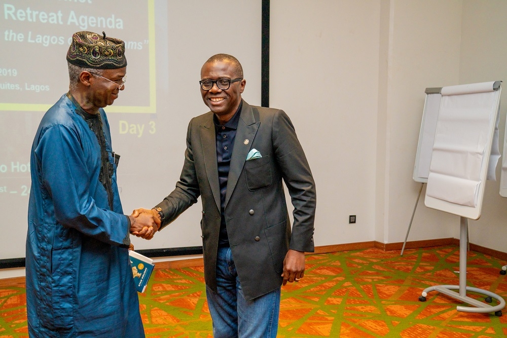 Hon  Minister of Works   Housing  Mr  Babatunde Fashola SAN left  and the Governor of Lagos State  Mr Babajide Sanwo Olu  left   shortly after the Minister facilitated a Session on    Personal Perspectives on Leadership   at the 2019 Lagos State Executive Council and Body of Permanent Secretaries Retreat with the theme   Delivering the Lagos of our Dreams  at the Eko Hotel and Suites  Victoria Island  Lagos on Friday  23rd August 2019