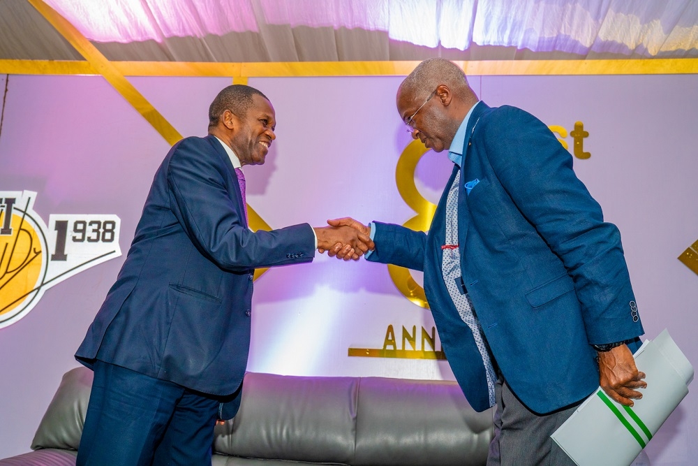 Hon  Minister of Works   Housing  Mr Babatunde Fashola SAN right  being congratulated by   Chairman  Ikoyi Club 1938  Mr Yomi Orenuga left   shortly after the Hon  Minister delivered a  a lecture titled   Ikoyi Club at 81  The Youth and Leadership in Nation Building       to Commemorate the 81st Anniversary of Ikoyi Club 1938 in  Lagos on Thursday  26th September 2019