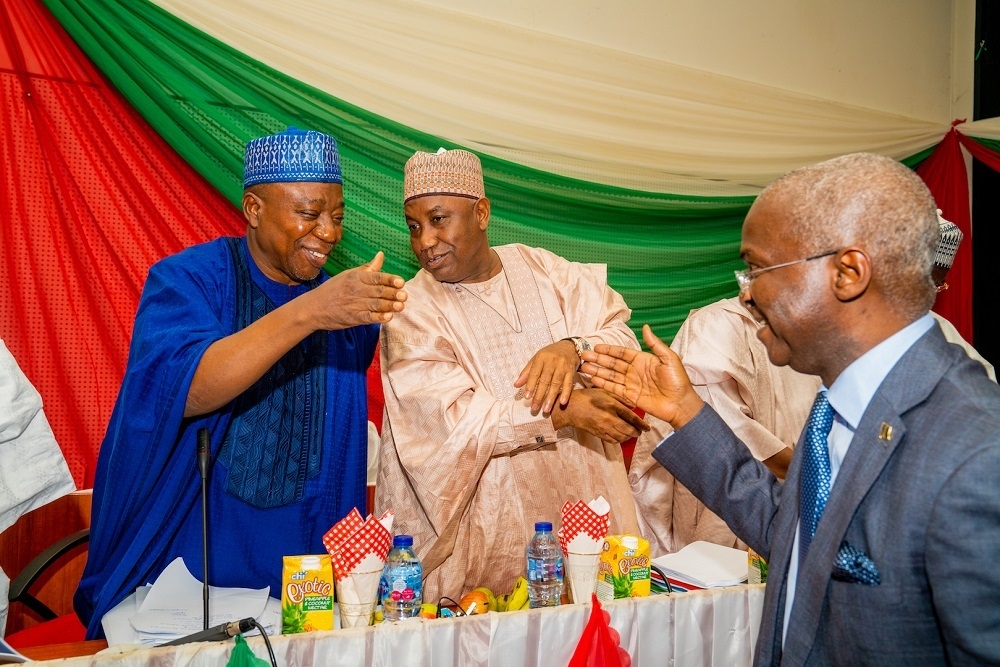 Hon  Minister of Works   Housing  Mr Babatunde Fashola SAN right   Chairman  Senate Committee on Works  Senator Adamu Aliero left  and a member of the Committee  Senator Kabiru Gaya middle  shortly after the First Interactive Session with the Senate Committee on Works at the Conference Room 231  New Senate Building   National Assembly Complex  Abuja on Thursday  3rd October 2019