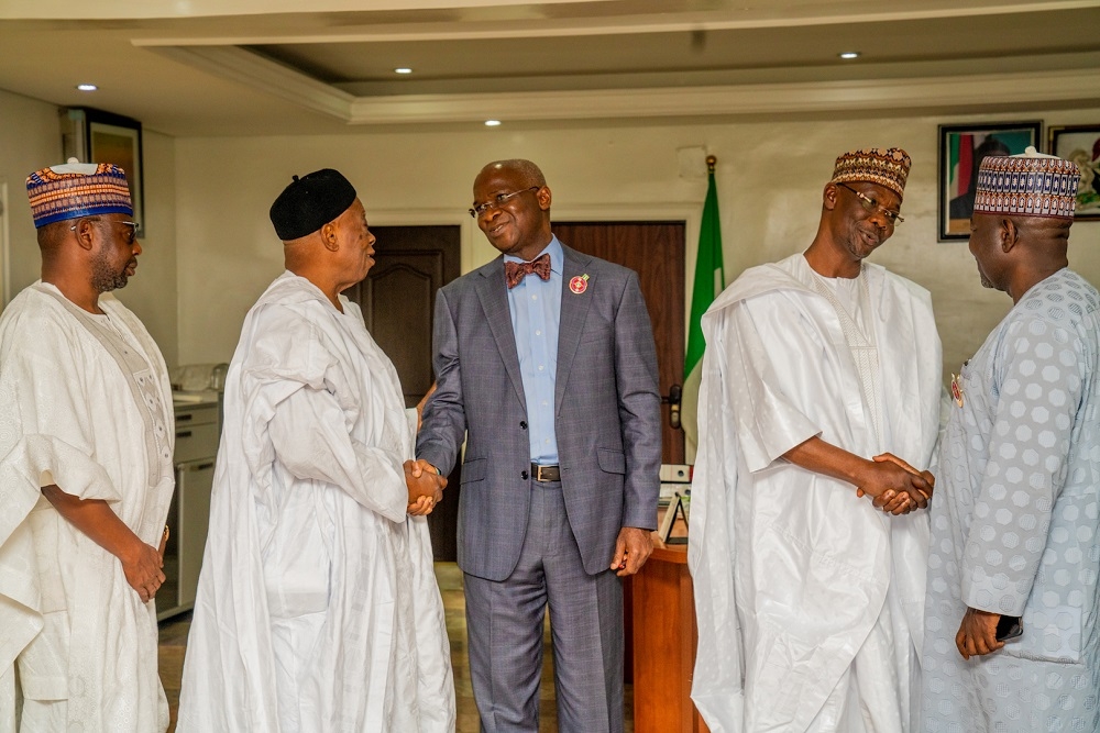 Hon  Minister of Works   Housing  Mr Babatunde Fashola SAN middle   Minister of State in the Ministry  Engr  Abubakar Aliyu  right  Governor of Nasarawa State  Engr  Abdullahi Sule 2nd right    Senator representing Nasarawa West Senatorial District  Senator Abdullahi Adamu 2nd left   and member of the House of Representatives representing Lafia Obi Federal Constituency  Hon  Abubakar Sarki Dahiru left   shortly after a courtesy visit and meeting to discuss developmental issues with the Hon Ministers by the Governor of Nasarawa State in company with some lawmakers from the State at the Ministry of Works   Housing  Headquarters on Tuesday  5th November 2019