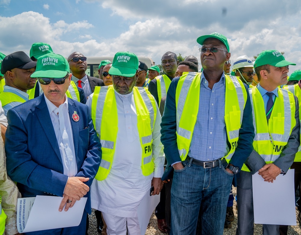 Hon  Minister of Works   Housing  Mr Babatunde Fashola SAN 2nd right   Minister of State in the Ministry  Engr  Abubakar Aliyu 2nd left   Hon Minister of Public Works  Peoples Democratic Republic of Algeria  Mr Mustapha Kouraba  left  and other    Ministers from   Member Countries of the Trans Sahara Road Liaison Committee    during the inspection tour of the ongoing construction work on the Expansion of 5 4Km of Abuja     Keffi Expressway and Dualization of Keffi     Akwanga     Lafia  Makurdi Road in Nasarawa State on Tuesday  12th November 2019