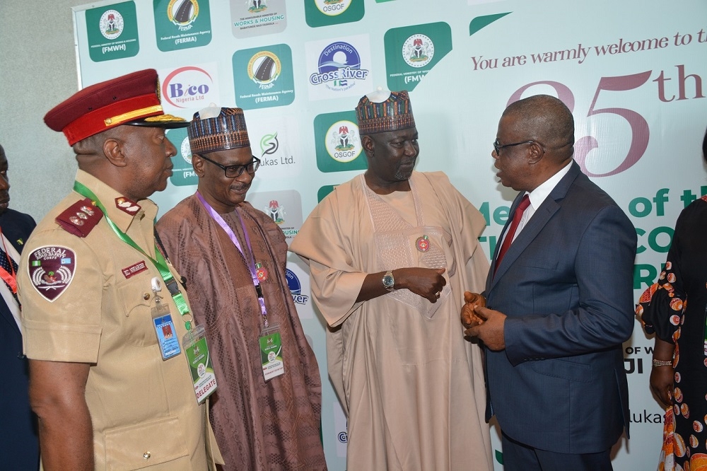 The Honourable Minister of Works and Housing ably represented by the Minister of State Engr  Abubakar D  Aliyu  FNSE  the Executive Governor of Cross River State ably represented by the Deputy Governor  Prof  Ivara Esu  the Permanent Secretary  Ministry of Works and Housing Mohammed Bukar  the Permanent Secretary  Cross River State Ministry of Works  Dr  Mrs  Ihort G C Achu  the Director  Planning  Research and Statistics Department  FMW H Dr  Famous S  Eseduwo and other dignitaries at the formal opening ceremony of the 25th Meeting of the National Council on Works holding in Calabar  Cross River on the 28th November  2019